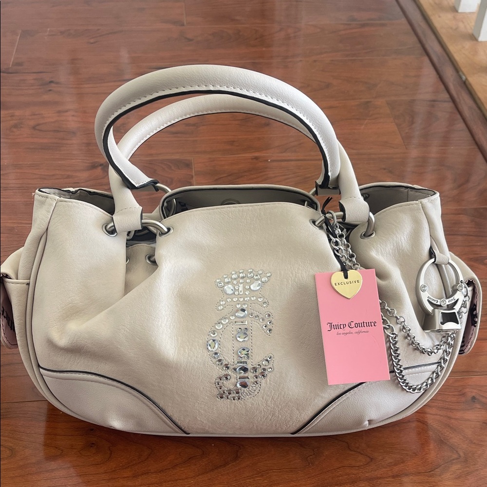 Juicy Couture Cream Juicy Crown Satchel with Rhinestones and Chain Detail